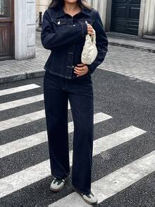 优雅复古休闲牛仔两件套，包括翻领纽扣口袋夹克和阔腿裤，无弹力面料 - 深色水洗藍 - 查看 3