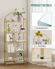 Bookcase Bookshelf, Tempered Glass Bookshelves, Slim Shelving Unit For Bedroom, Bathroom, Home Office, Steel Frame, 5 Tier Gold/6 Tier Gold - 金色 - 查看 4