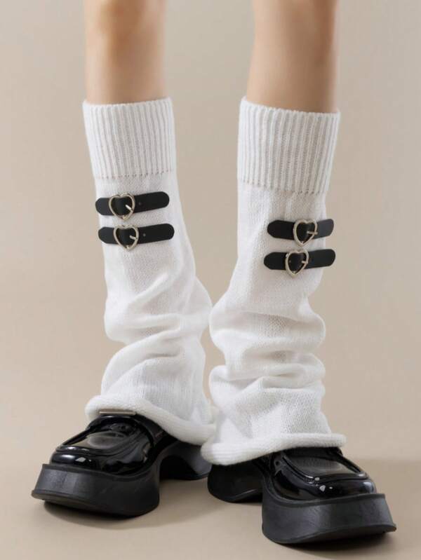 1 Pair Women's Leather Buckle Heart-Shaped White Leg Warmers, JK Lolita Stacked Leg Warmers, Black Japanese Style Knitted Long Tube Leg Warmers