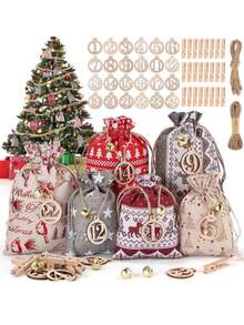 24pcs Christmas Gift Bag Set, Countdown Calendar Drawstring Bag, Christmas Candy Pouch Packaging Bags Home Decor Christmas Decorations Room Decor Winter