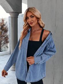 Women's Casual Button Down Denim Shirt Long Sleeve Boyfriend Oversized Jean Jacket With Pockets - 淺藍色 - 查看 4