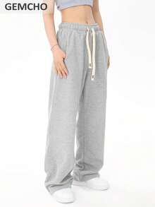GEMCHO 女士抽绳腰宽松阔腿休闲运动裤，带口袋，针织面料略带弹性，适合休闲、跑步、慢跑、健身等各种场合，四季皆宜的长裤 - 灰色 - 查看 3