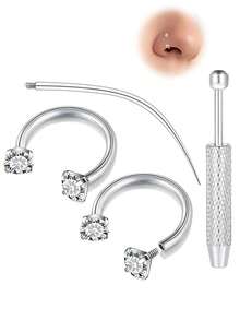 1pc/3pcs/4pcs Y2K Style 16G Horseshoe Septum Clicker With Piercing Tool, Stainless Steel 316L Low Allergy, Cubic Zirconia Embedded, External Thread Design, Suitable For Nose, Cartilage, Lip, Ear, Unisex Jewelry, Great Gift For Halloween, Thanksgiving, Christmas, Birthday