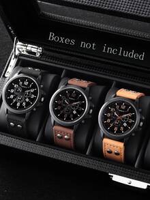 Set de 3 relojes de cuarzo para hombres: correa de piel sintética clásica, esfera redonda, diseño duradero - el regalo perfecto para él - Multicolor - Ver 6