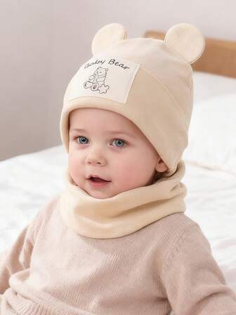 2pcs Baby Bear Ear Beanie Hat & Scarf Set, Infant Warm Thermal Lined Earflap Cap