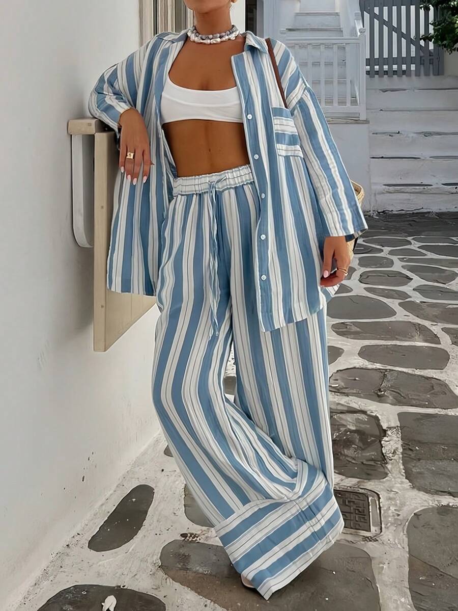 New Fashionable Elegant Casual Bohemian Striped Knotted Pocket Shirt Set, Suitable For Beach, Resort, Street, Airport Outfit Spring - Blue and White - View 1