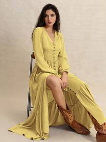 Rusttydustty Đầm nữ màu nâu tay ren thanh lịch, thích hợp mặc hàng ngày, đi lễ hội âm nhạc, lễ Phục sinh và các dịp khác. - Màu vàng - Xem 6