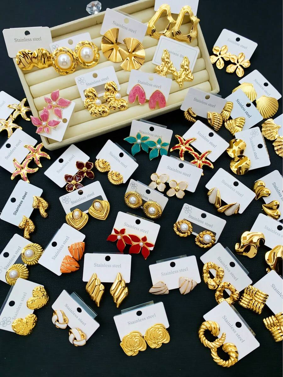 24pcs (Random Selection) Elegant Stainless Steel Earrings, Featuring Shapes Like Pearl, Teardrop, Butterfly, Wing And Other Geometric Designs. These Minimalist And Fashionable Stainless Steel Earrings Are Suitable For Women's Daily Wear, Also Make Great Gifts For Female Friends. - Multicolor - View 1