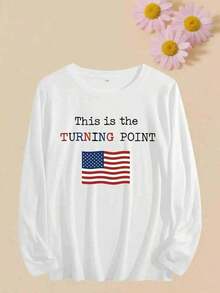 Camiseta de protesta de manga larga con cuello redondo para mujer "Este es un punto de inflexión" - Camiseta casual suave y cómoda para todas las estaciones con estampado de bandera y símbolo, regalo de declaración política para ropa - Blanco y azul marino Parte superior corta con hombros descubiertos - Blanco - Ver 2