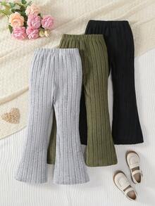 Set de 3 pantalones acampanados de punto acanalado para niñas - Cintura elástica, transpirable y ligero, adecuado para primavera, verano, otoño, unicolor casual (gris/verde/negro) - Fácil cuidado a mano/limpieza en seco, pantalones para niñas, pantalones de cintura elástica, adecuado para exteriores - Multicolor - Ver 2
