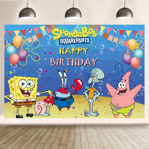 SPONGEBOB Toile de fond d'anniversaire thème Bob l'éponge, mettant en vedette les personnages populaires classiques comme Bob l'éponge, Patrick Étoile, M. Krabs et Squidward. Il est assorti avec des lettres "Joyeux anniversaire" attrayantes et des éléments festifs colorés, convenant à la décoration de scène pour les fêtes d'anniversaire d'enfants et les rassemblements thématiques. Il a des qualités décoratives et atmosphériques et est un excellent choix pour créer un espace de fête enfantin. Diverses tailles sont disponibles.