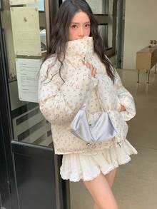 Winter Women Casual Loose Puffer Jacket Long Sleeve Floral Printed Stand Collar Short Pockets Padded Coat Korean Fashion Party Coats Christmas Outerwear Female Clothes Birthday Outfits