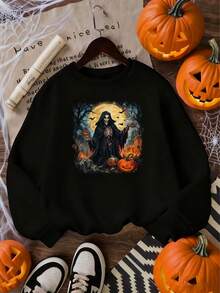 Halloween Graphic Sweatshirt - Nightmare Before Christmas Sweatshirts For Women Streetwear Printed Graphic Hoodie, Y2k Hoodies For Teen With Warm Thermal Lining For Autumn/Winter, Great For Daily Adventures,Woman Man Classic Black Cotton Polyester Blend Anime Hoodies, Plus Size Hooded Sweatshirts For Going Out Tops Women Spooky Season Sweatshirt, Vintage Halloween Horror Night Hoodie - 黑色 - 查看 1
