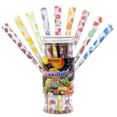 50 pièces Cônes pré-roulés de taille roi à combustion lente avec filtres, dispositif de remplissage en entonnoir noir, tube de rangement 2-en-1 noir, pack de variété 4 parfums (fraise, myrtille, noix de coco, mélangé), convient comme cadeau pour les amis, anniversaire, Noël, Halloween