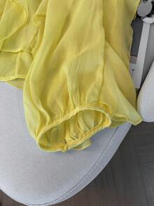 GMFP 女士秋季宽松时尚 V 领优雅纯色层叠荷叶边长袖黄色派对衬衫，新年/情人节 - 黃色 - 查看 9