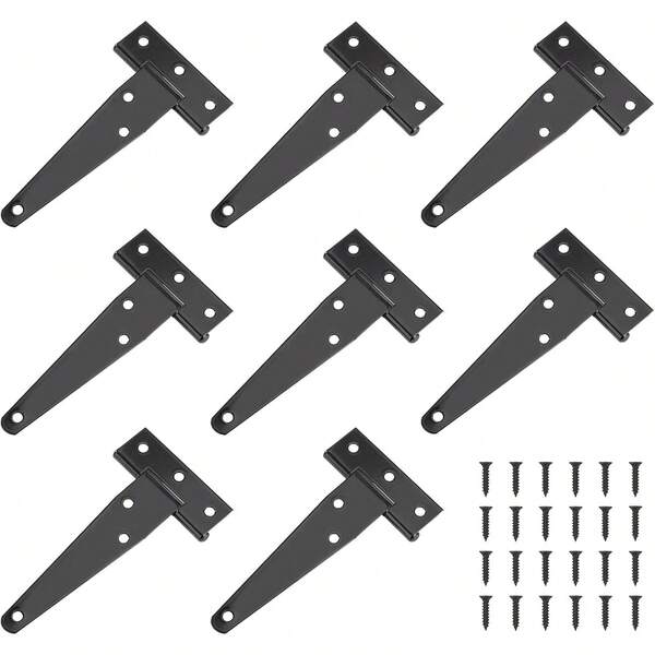 Bisagras de correa en T, paquete de 8, resistentes, de hierro inoxidable, con 48 tornillos, herrajes rústicos negros para portones y puertas de cobertizo, 4 pulgadas