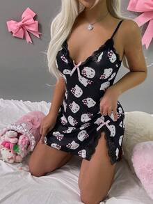 Sanrio [WONDER WORLD]1pc Hello Kitty Valentine's Day Women's Deep V-Neck Contrast Lace Slit Nightgown + G-String - Black - View 6