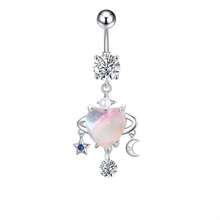 1pc Personalized Heart & Moon Cubic Zirconia Inlaid Navel Ring, 14G Iridescent Aurora Decor Belly Button Piercing Suitable For Daily Wear