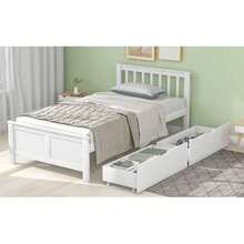 Holzbett, Einzelbett, Jugendbett, Erwachsenenbett, mit Schubladen zur Aufbewahrung, Rahmen aus Kiefernholz, weiß (90x200cm)