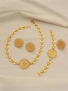 1 Set de joyería de moneda redonda de aleación de cobre chapada en oro vintage, que incluye collar, anillo, aretes, pulsera, estilo turco/saudí de 4 piezas