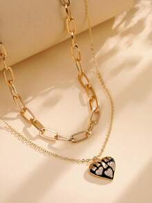 Tkool Bộ 2 dây chuyền kẹp giấy kẻ caro thời trang & mặt dây chuyền hình trái tim bằng đồng oxy hóa hình khối Zirconia, quà tặng ngày lễ tình nhân cho bạn gái (Số lượng móc dây chuyền ngẫu nhiên) - Vàng - Xem 2