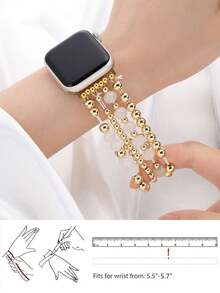 串珠手链，兼容 表带 41 毫米 40 毫米 38 毫米 42 毫米 44 毫米 45 毫米 49 毫米，金色串珠，可爱手工弹力表带，适用于 SE 9 8 7 6 5 4 3 2 1 系列，情侣礼物，金手链套装 - 金色/白色 - 查看 4
