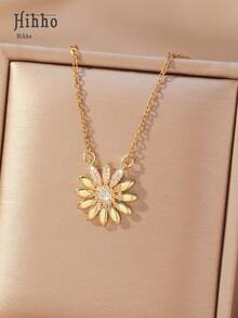 Hihho 1pc Elegant Sparkling Zirconia Daisy Necklace, Sunflower Fashion Luxury Style, Suitable For Girls, Daily Wear, Party, Gift, Vacation And Formal Events