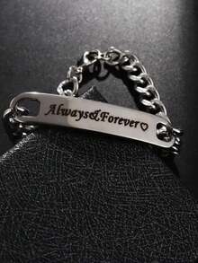 2条个性化时尚金属“Forever”刻字情侣手链，扁平椭圆链，朋克风情人节周年纪念礼物，情侣对戒