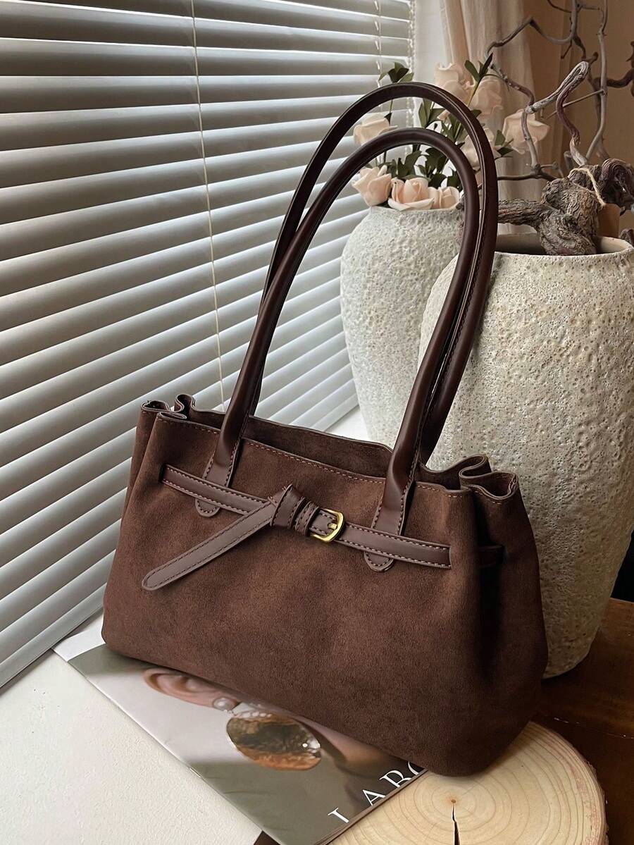 1 Túi Tote Đeo Vai Nữ Màu Trơn, Dung Tích Lớn, Thời Trang Thu Đông, Chất Liệu Vải Da Lộn Mới, Thích Hợp Cho Văn Phòng, Đi Làm, Mua Sắm, Du Lịch, Quà Tặng - Cà phê nâu - Xem 1