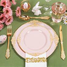 175pcs Pink And Gold Plastic Plates - Black Gold Disposable Plates Include 25 Dinner Plates,25pcsDessert Plates,25 Knives,25 Forks,25 Spoons,25 Cup,25 Napkins For Wedding & Party - Pink - View 8
