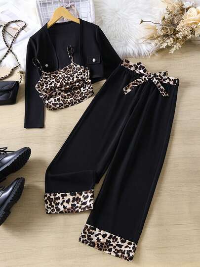 Set 3 buc. jachetă cardigan elegantă la modă pentru fete, toamnă/iarnă, camisol cu imprimeu leopard și pantaloni drepți