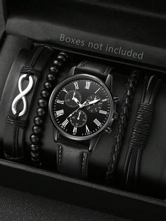 5 件男士黑色 PU 皮革表带，休闲商务经典三眼表盘石英手表手链套装，适合日常佩戴装饰或节日送礼