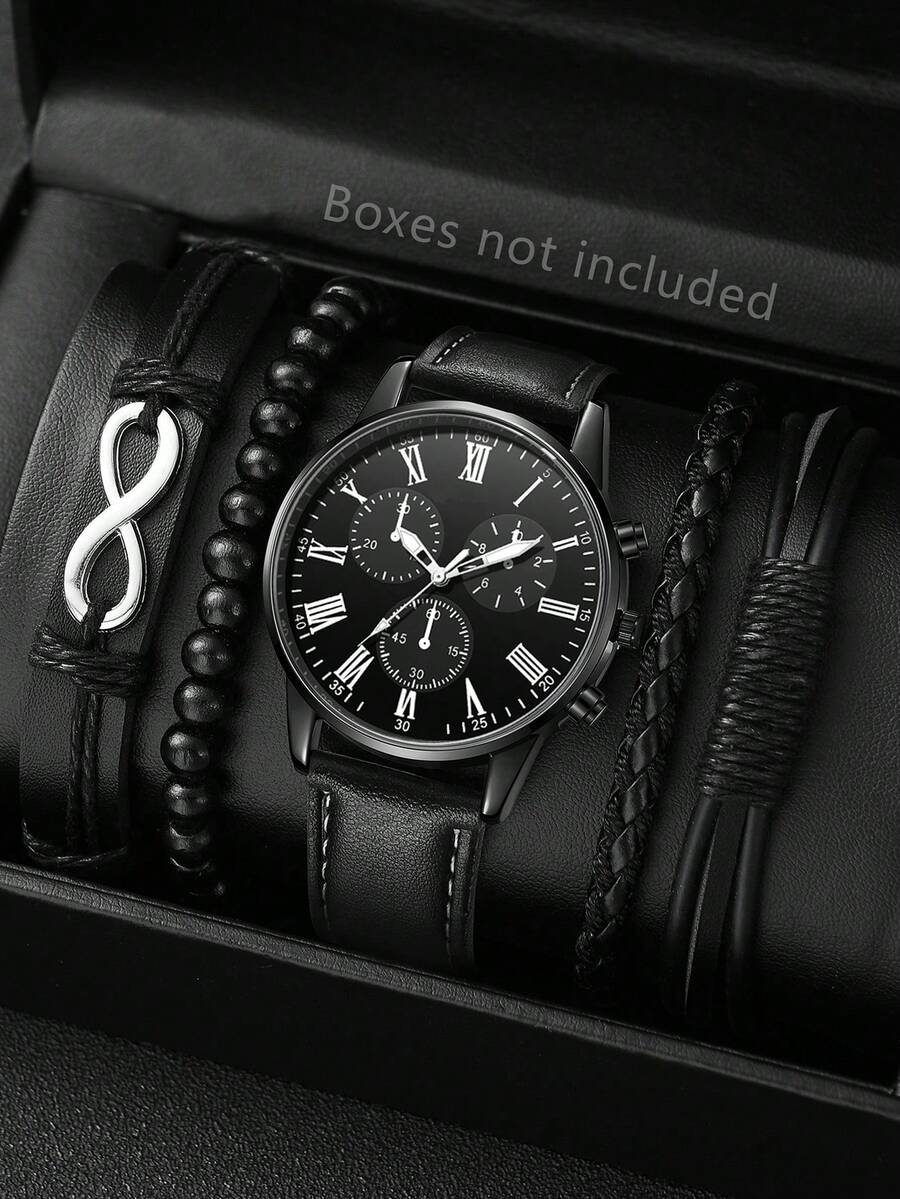 5 Stücke Herren Armband-Set mit schwarzem PU-Lederarmband, klassischem Drei-Augen-Zifferblatt, Quarzuhr für den täglichen Gebrauch oder als Geschenkidee - Schwarz - Übersicht 1