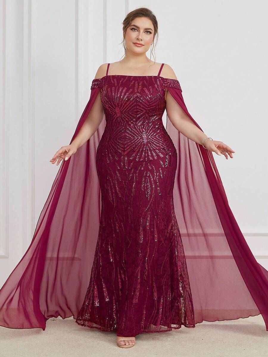 UNITHORSE [Random Cut] Floor-Length Sequin Embroidered Formal Dress - Burgundy - View 1