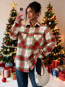 Women's Casual Plaid Print Drop Shoulder Shirt,Long Sleeve Tops Fall Cloth For Women ,Autumn,Spring - Red and White - View 5