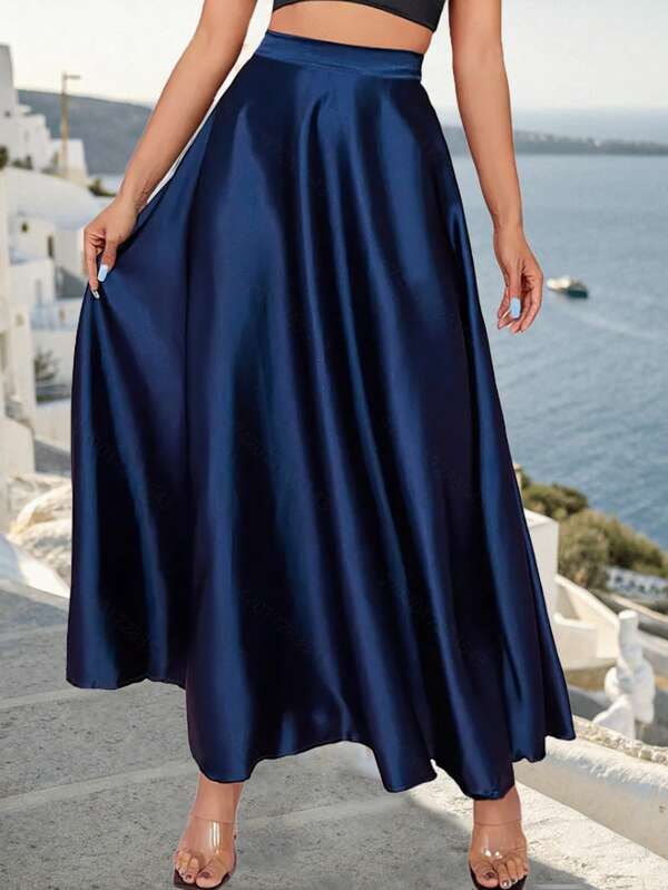 Plus Size Women Elegant High Waist Satin Skirt, Suitable For Commuting