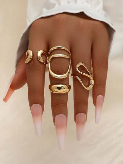 4Pcs /Set Fashion Bohemian Geometric Hollow Asymmetrical Abstract Design Adjustable Gold Rings Set For Women Jewelry Accessories