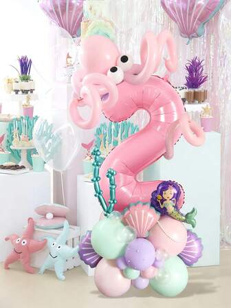 43pcs Mermaid Ocean Balloon Set, Includes Mini Mermaid, Seashells, Pink Number Foil Balloons, Macaron Pink Purple Green Clear Balloons, And Eye Balloons, Suitable For Ocean Theme, Mermaid Theme, Ocean Birthday Party, Birthday Party Decorations, Mermaid Party Supplies, Event Props