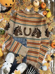 Suéter de Cardigan de Punto Holgado con Diseño de Rayas Multicolor y Estampado de Caballo para Mujer, Otoño/Invierno, Moda Elegante y Cómoda, Uso Versátil Casual y Doméstico, con Botones Decorativos y Manga Larga - Multicolor - Ver 3