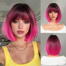 NICKY WALL Peluca corta y recta de 12 pulgadas elegante para mujeres, peluca bob con flequillo en degradado rosa, fibra sintética resistente al calor de alta densidad y esponjosa para uso en Halloween, anime, cosplay, festivales de música y fiestas