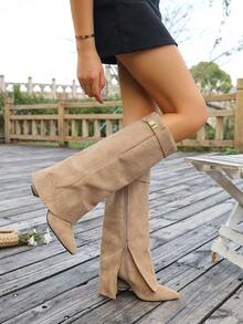 女式尖头粗跟绒面西部靴，流苏装饰，修身及膝靴