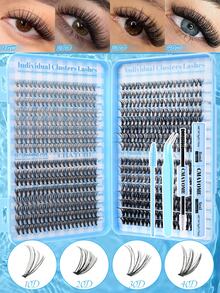 Kit extensii gene DIY 640 buc, kit gene cluster, kit gene DIY 10D-100D D Curl, cu lipire și sigilare gene, pensetă, perie pentru gene, carte de gene cu autoaplicare acasă (4 stiluri mixte), călătorie de Crăciun