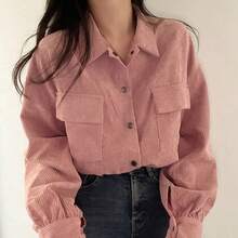 Jaket Pendek Lengan Lentera Kerah Lipat Saku Dada Bahan Korduroi Warna Pink Polos, Cocok untuk Acara Santai dan Pertemuan Natal di Musim Dingin - Berwarna merah muda - View 8