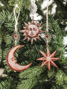3pcs Vintage Sun, Moon, Star & Christmas Tree Decor, Bohemian Gothic Witch Aesthetic Christmas Decoration, Retro Sun Face, Crescent Moon, Star Ornaments, Suitable For Solstice, Holiday Parties, Home, Bedroom, Living Room, Office, Seasonal Decor (Please Remove Protective Film Before Use, Acrylic Material, Not Glass) - Multicolor - View 4