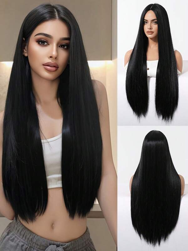 La peluca sintética negra recta de 28 pulgadas es una peluca resistente al calor para mujeres, adecuada para fiestas diarias y pelucas de Halloween