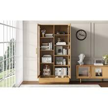 Vetrina in vetro (armadio per ufficio/archivio/scaffale portaoggetti) – ripiani mobili, non regolabili, cassetti con apertura a pressione senza maniglie, 80*40*160, color legno