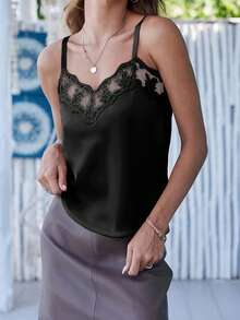 Women's Satin Camisoles Spaghetti Strap Delicate Lace Trim Sleeveless Tops Comfortable Summer Vest - Black - View 2