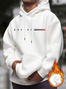 Men's Casual Boston Design Print Loose Pocket Hoodie Sweatshirt, Comfortable Sports Wear Choice For Autumn/Winter, Long Sleeve Top - White - View 3