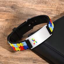 1pc Personalized Laser Engraved Colorful Autism Puzzle Logo Stainless Steel & Silicone Adjustable Bracelet, Autism Awareness Jewelry, Personalized Wrist Bands - Style 3 - View 7