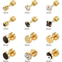 Stainless Steel Stud Earrings For Men Hypoallergenic Earring Flatback Black Earring Set Screw Back Studs Inlaid Cubic Zirconia Stud Earrings For Women Men - C-精緻金 - 查看 2